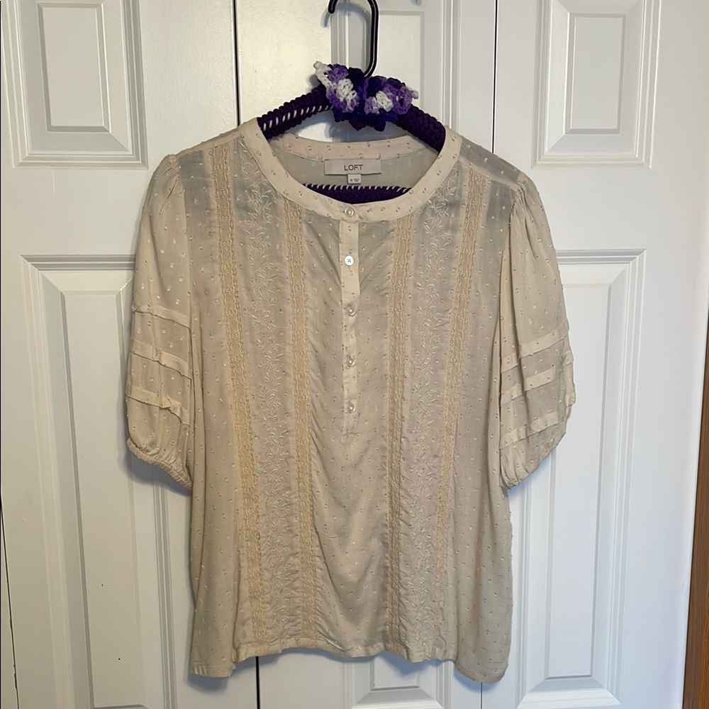 LOFT Cream Short Sleeve Blouse with Mandarin Collar and Pleated Details